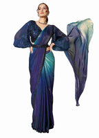 Navy Blue Two Tone Satin Silk Ready to Wear Drape Saree - Naksh Creation