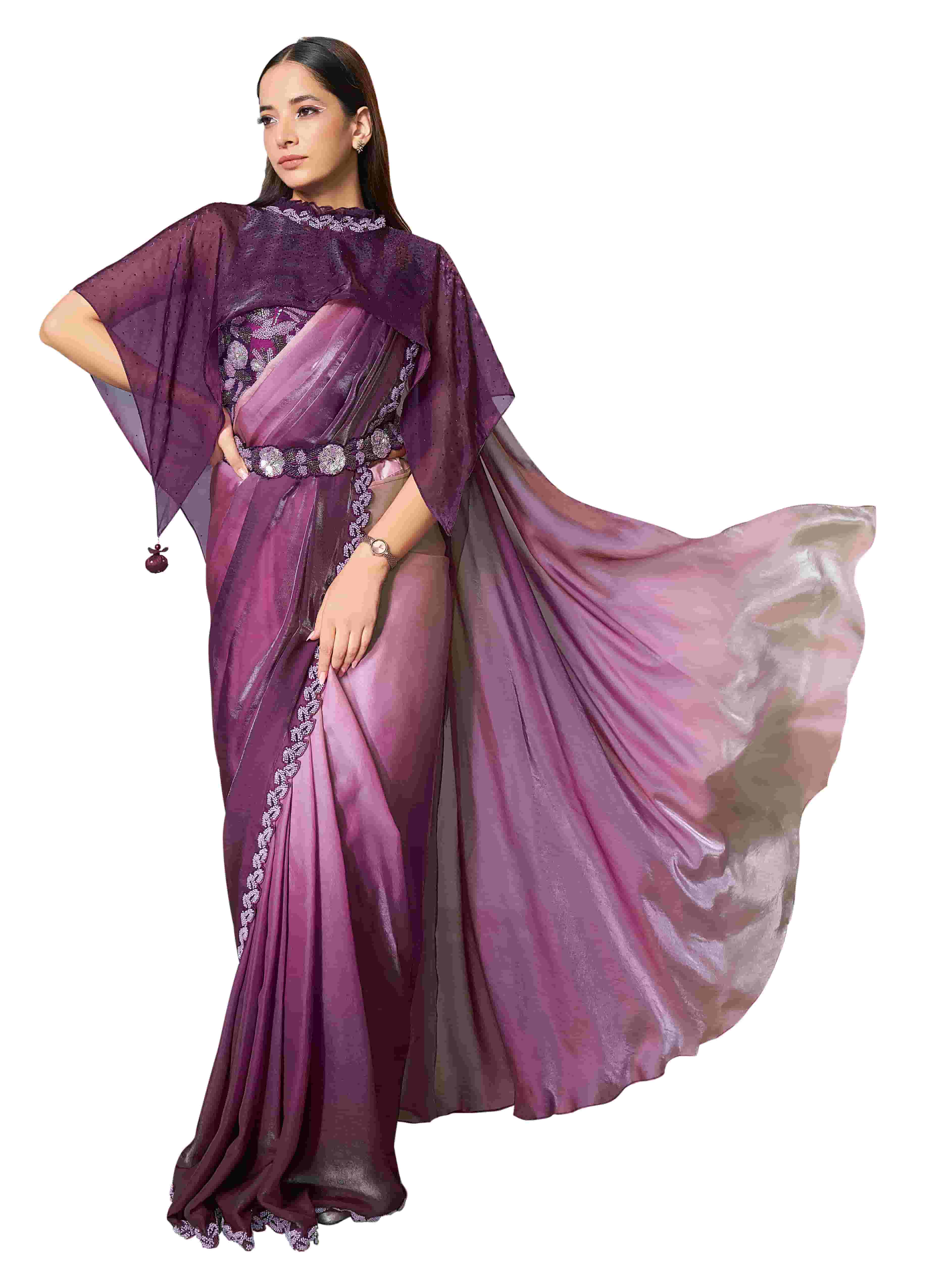Dusty Mauve Two Tone Satin Silk Ready to Wear Drape Saree - Naksh Creation