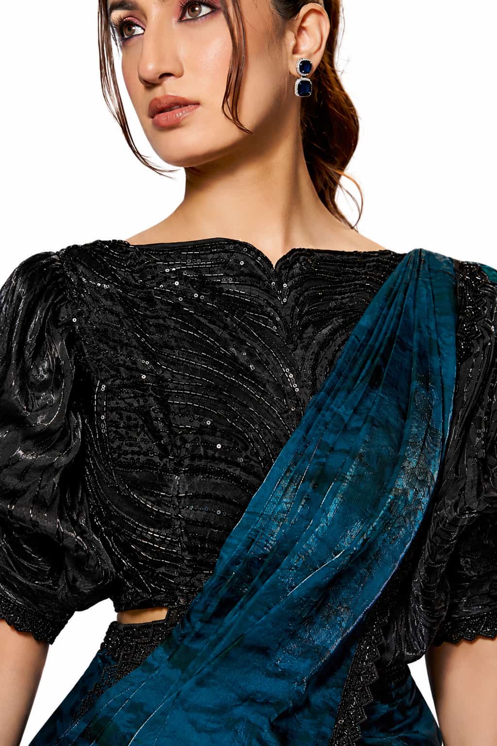 Peacock Blue Two Tone Satin Silk Ready to Wear Drape Saree - Naksh Creation
