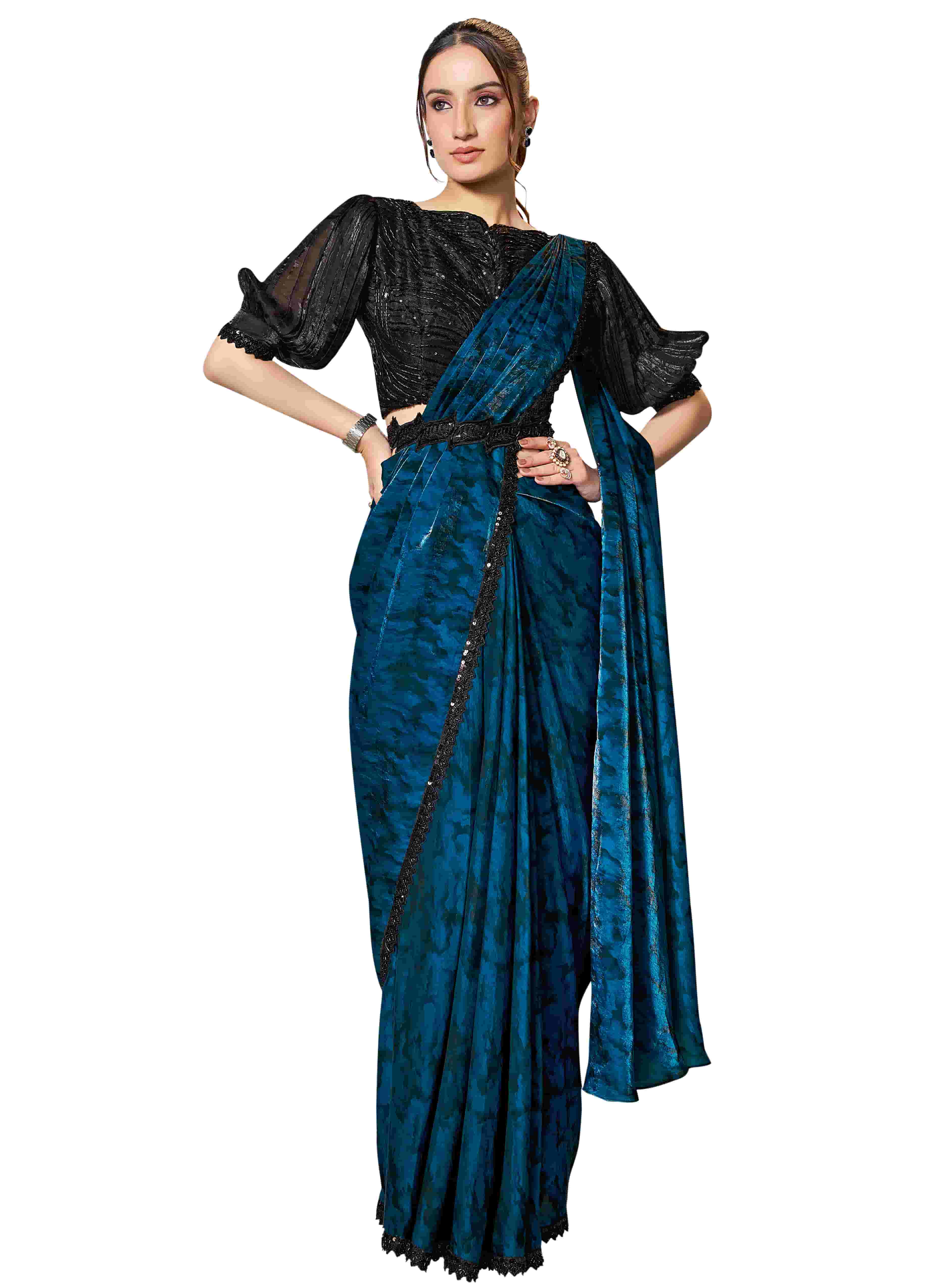 Peacock Blue Two Tone Satin Silk Ready to Wear Drape Saree - Naksh Creation