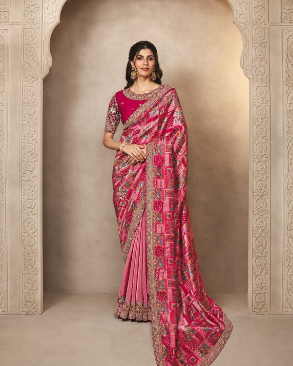 Rose Pink Pure Gajji Jacquard Silk Handwork Saree
