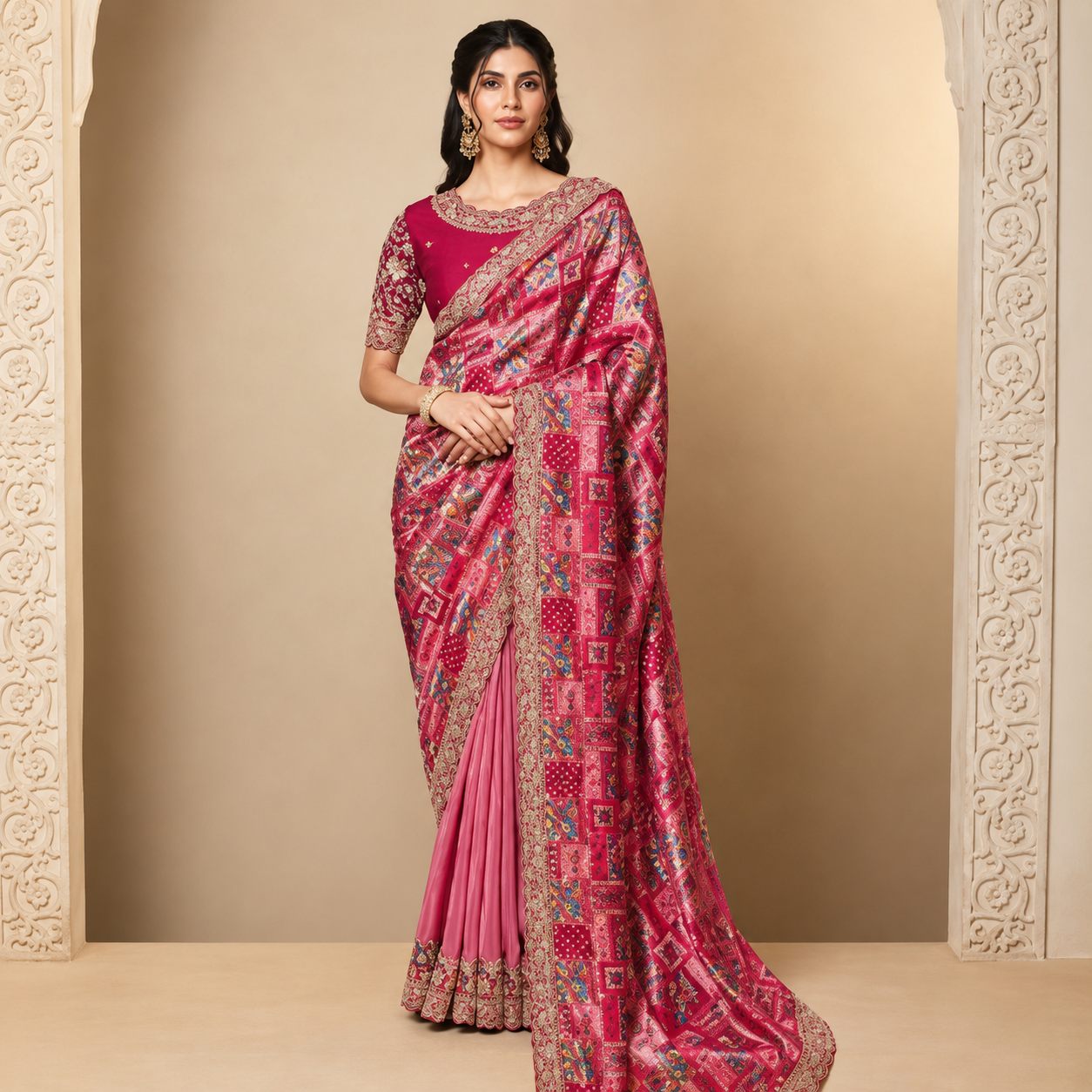 Woman wearing a Pure Gajji Jacquard Silk saree with intricate multi embroidery, stone embellishments, and handcrafted detailing in a festive designer look.