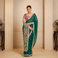 Designer Organza Satin saree featuring multi-thread embroidery, stone embellishments, and embroidered blouse for weddings and festive occasions.