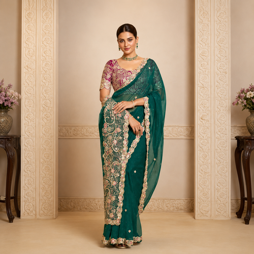 Designer Organza Satin saree featuring multi-thread embroidery, stone embellishments, and embroidered blouse for weddings and festive occasions.