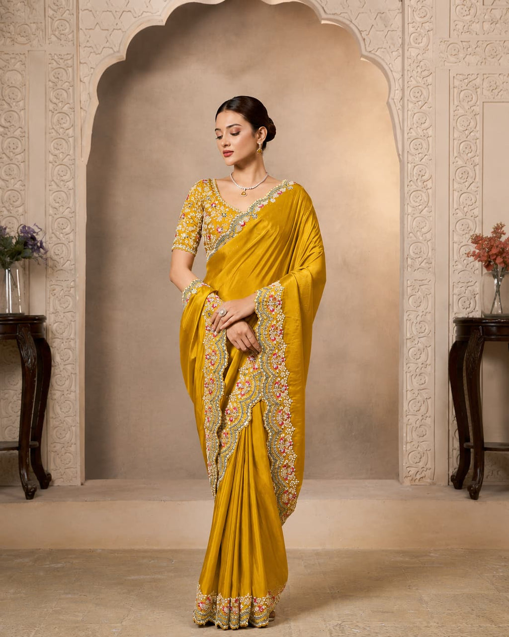 Mustard Yellow Soft Satin Silk Designer Saree with Sequence Embroidery with Multi Stone & Handwork
