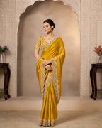 Mustard Yellow Soft Satin Silk Handwork Saree