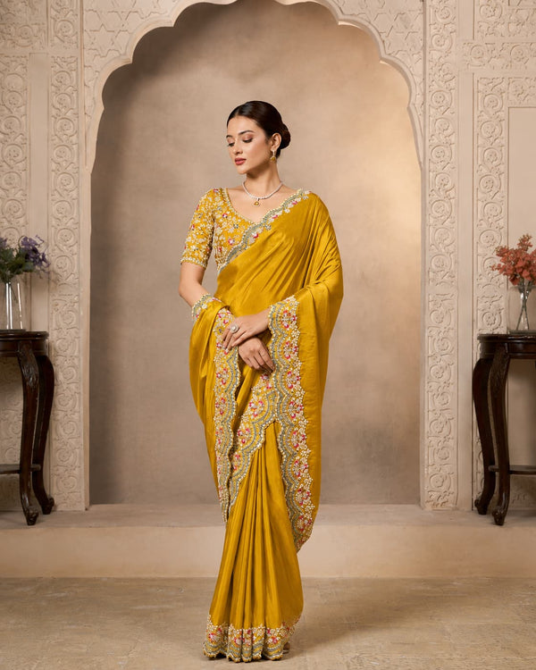 Mustard Yellow Soft Satin Silk Handwork Saree
