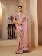 Blush Pink Zari Organza Silk Handwork Saree