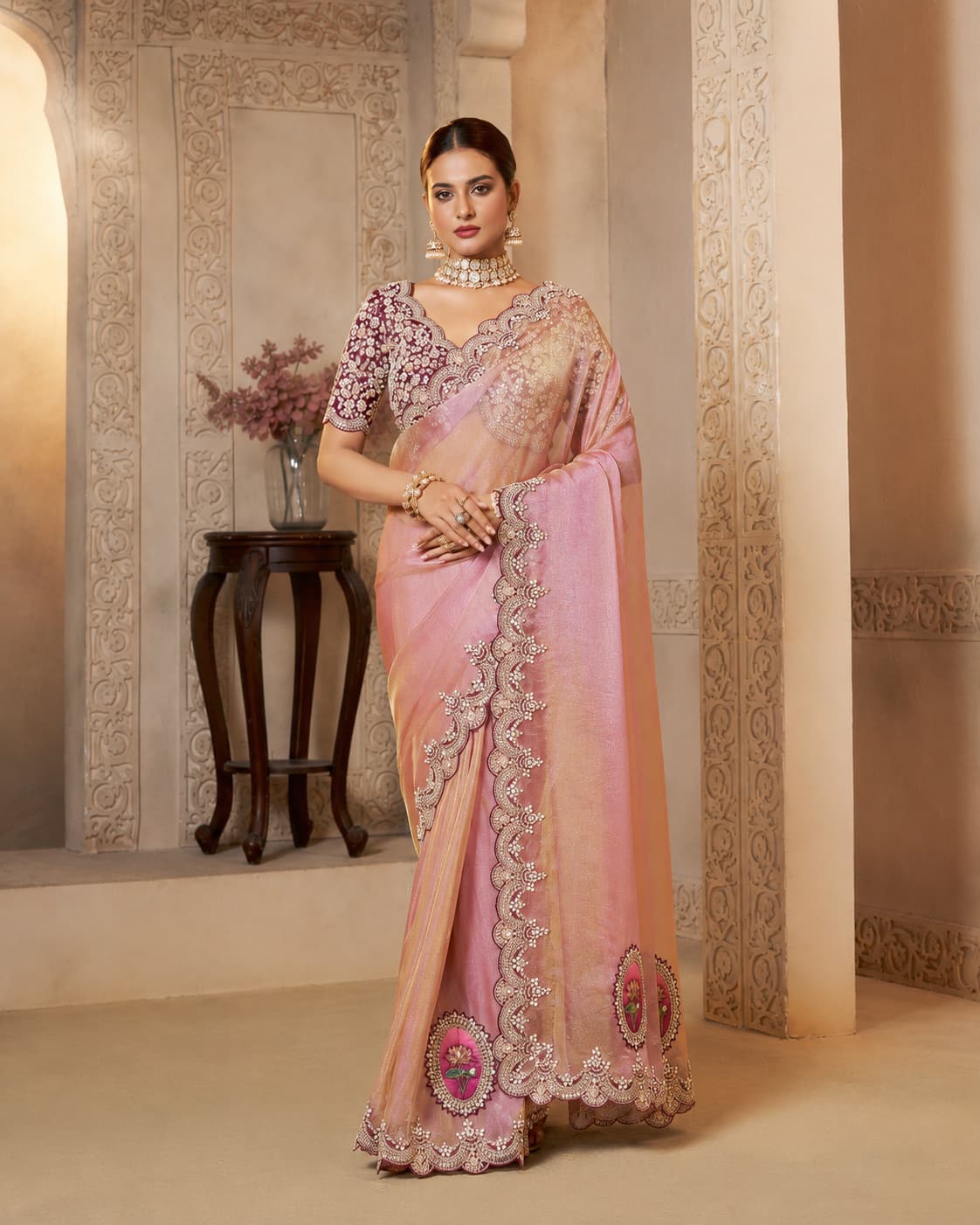 Blush Pink Zari Organza Silk Designer Saree with Sequence Embroidery with Stone & Handwork