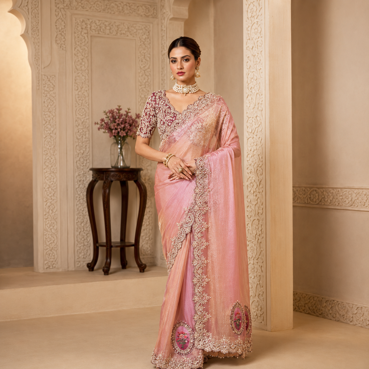 Designer Zari Organza Silk Saree with Sequin Embroidery & Stone Work