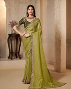 Olive Green Organza Satin Handwork Saree