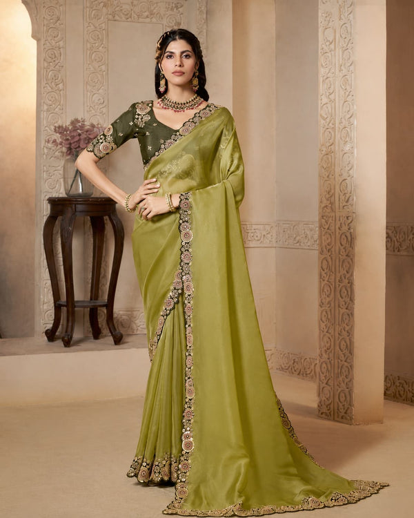 Olive Green Organza Satin Handwork Saree