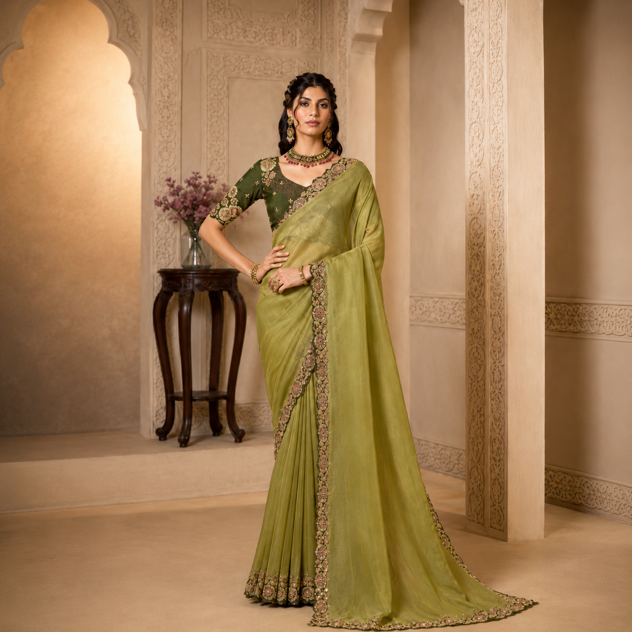 Organza Satin saree featuring dual sequin embroidery, stone work, and elegant designer border for special occasions.