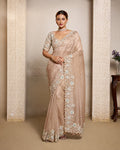 Champagne Beige Organza Crush Satin Designer Saree with Dual Sequence Embroidery with Multi Stone & Handwork