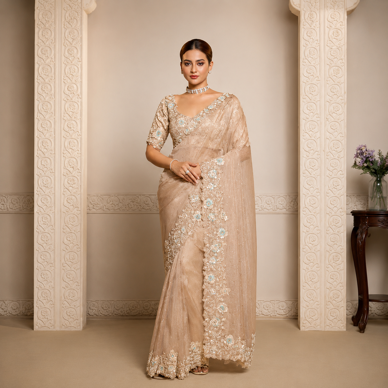 Organza Crush Satin saree with dual sequin embroidery, stone work, and elegant designer styling for festive events.
