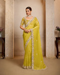 Lime Green Organza Satin Designer Saree with Multi Thread Embroidery with Stone & Handwork