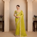 Organza Satin designer saree featuring multi-thread embroidery, stone embellishments, and handcrafted festive detailing.