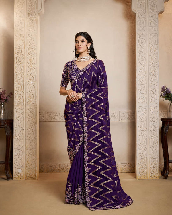 Purple Pure Jacquard Velvet Silk Handwork Saree