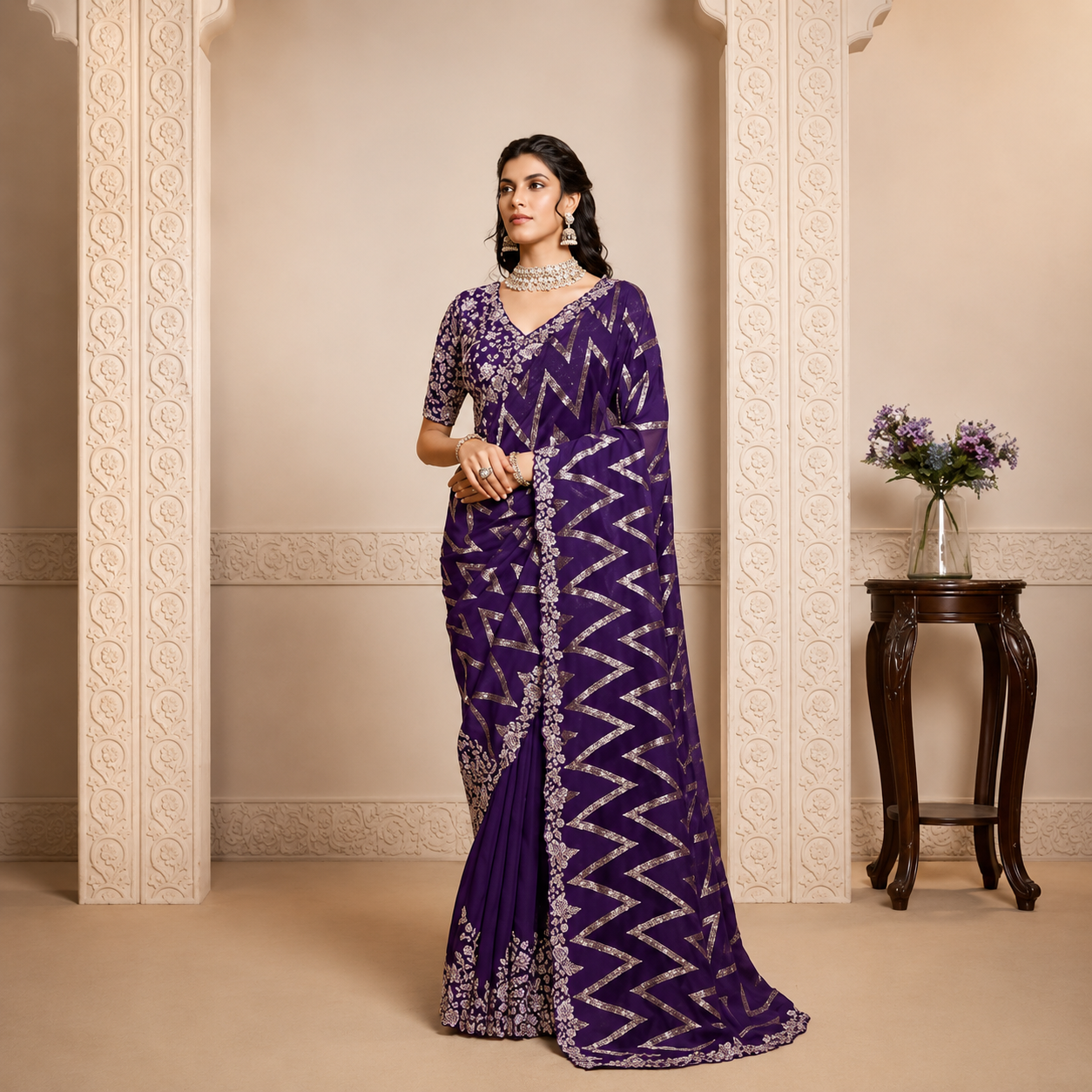 Pure Jacquard Velvet Silk saree with intricate embroidery, stone embellishments, and luxurious festive styling.