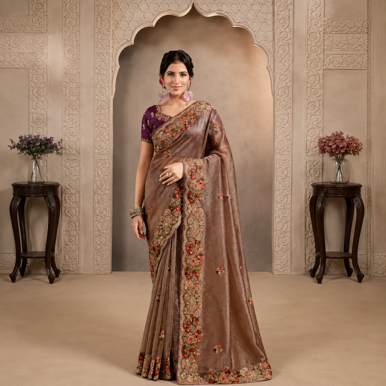 Pure Banarasi Crush saree featuring Khatli embroidery, sequin embellishments, and luxury handcrafted detailing.