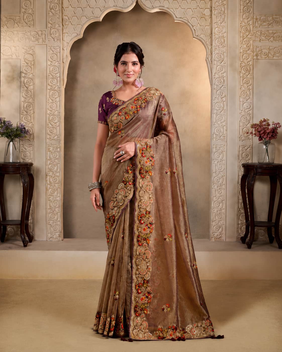 Coffee Brown Pure Banarasi Crush Designer Saree with Pure Khatli Handwork with Sequence Work