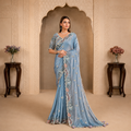 Two Tone Satin Silk saree with pearl embellishments, thread embroidery, and designer handcrafted border.