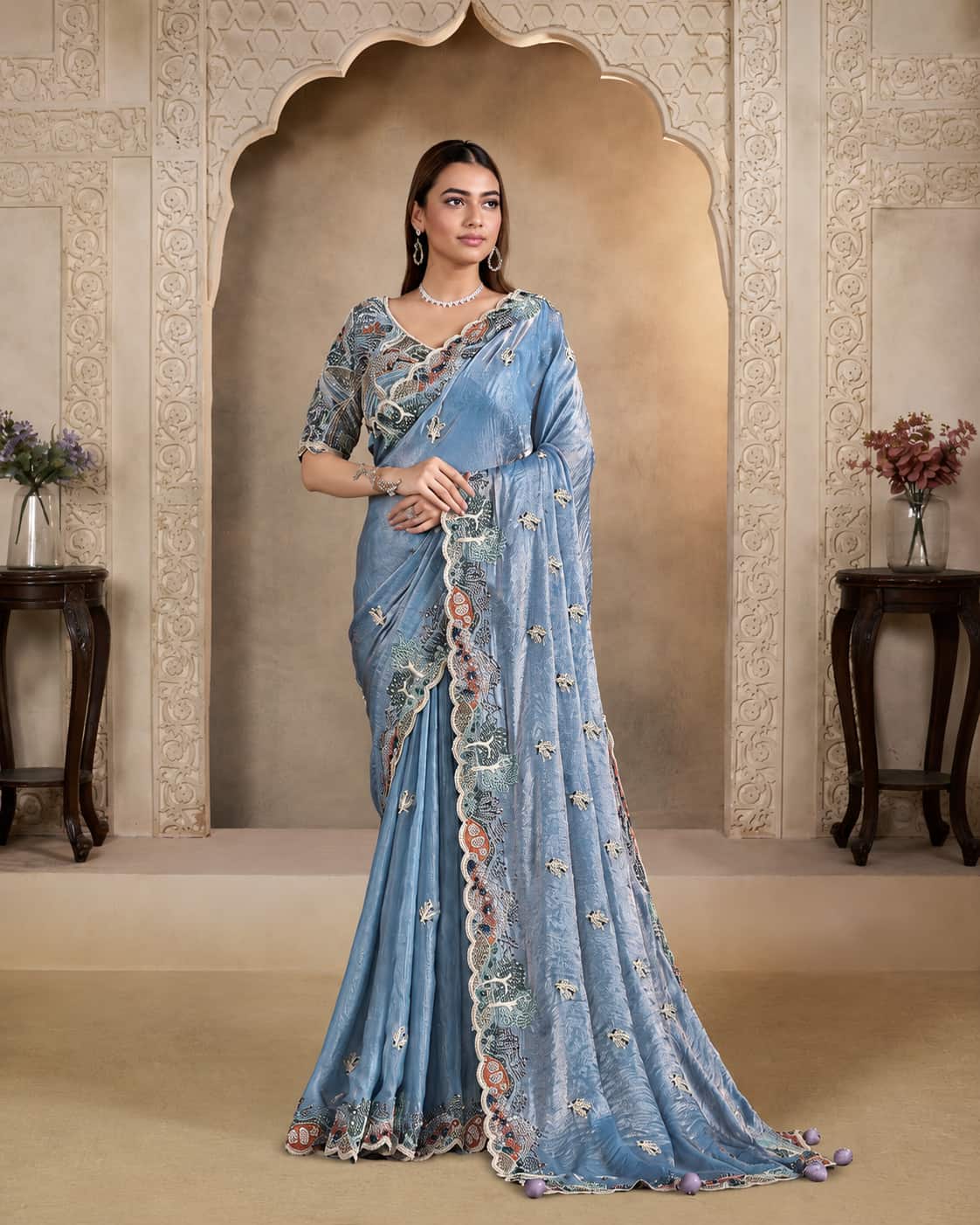 Powder Blue Two Tone Satin Silk Designer Saree with Multi Sequence, Handwork, Pearl & Thread