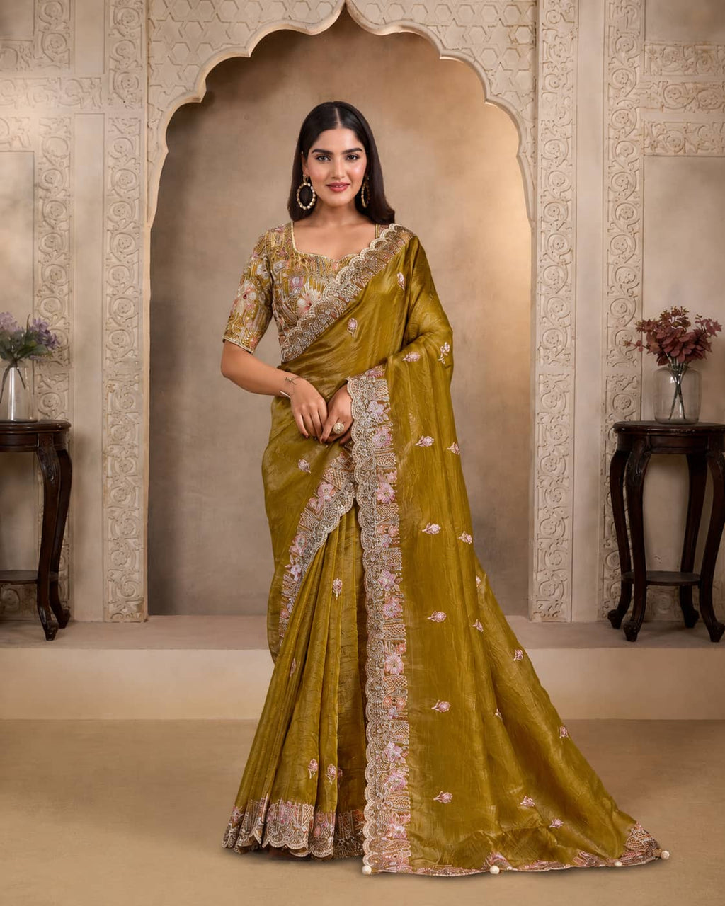 Gold Crush Paper Silk Handwork Saree