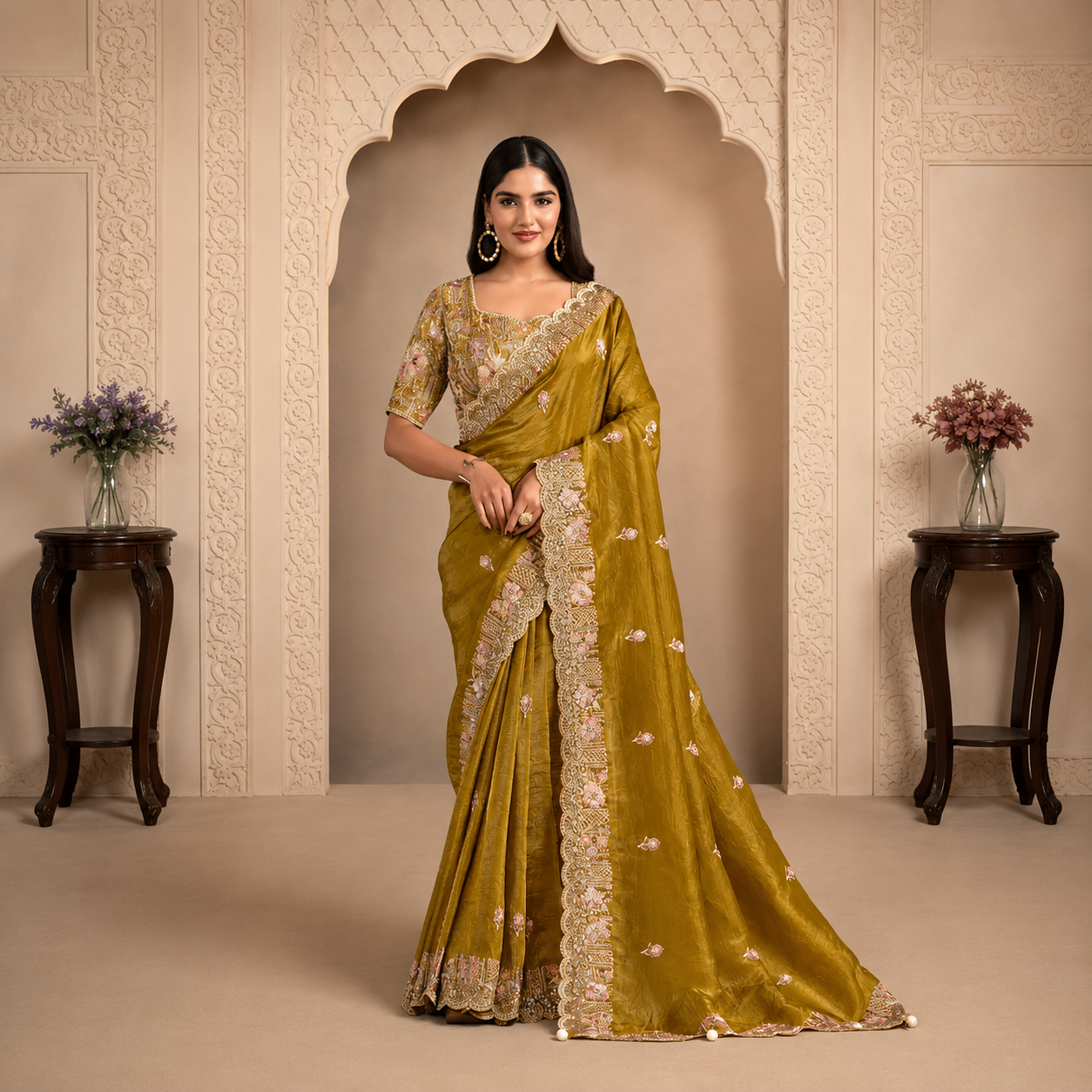 Crush Paper Silk saree featuring pearl embroidery, thread work, handcrafted embellishments, and elegant festive styling.