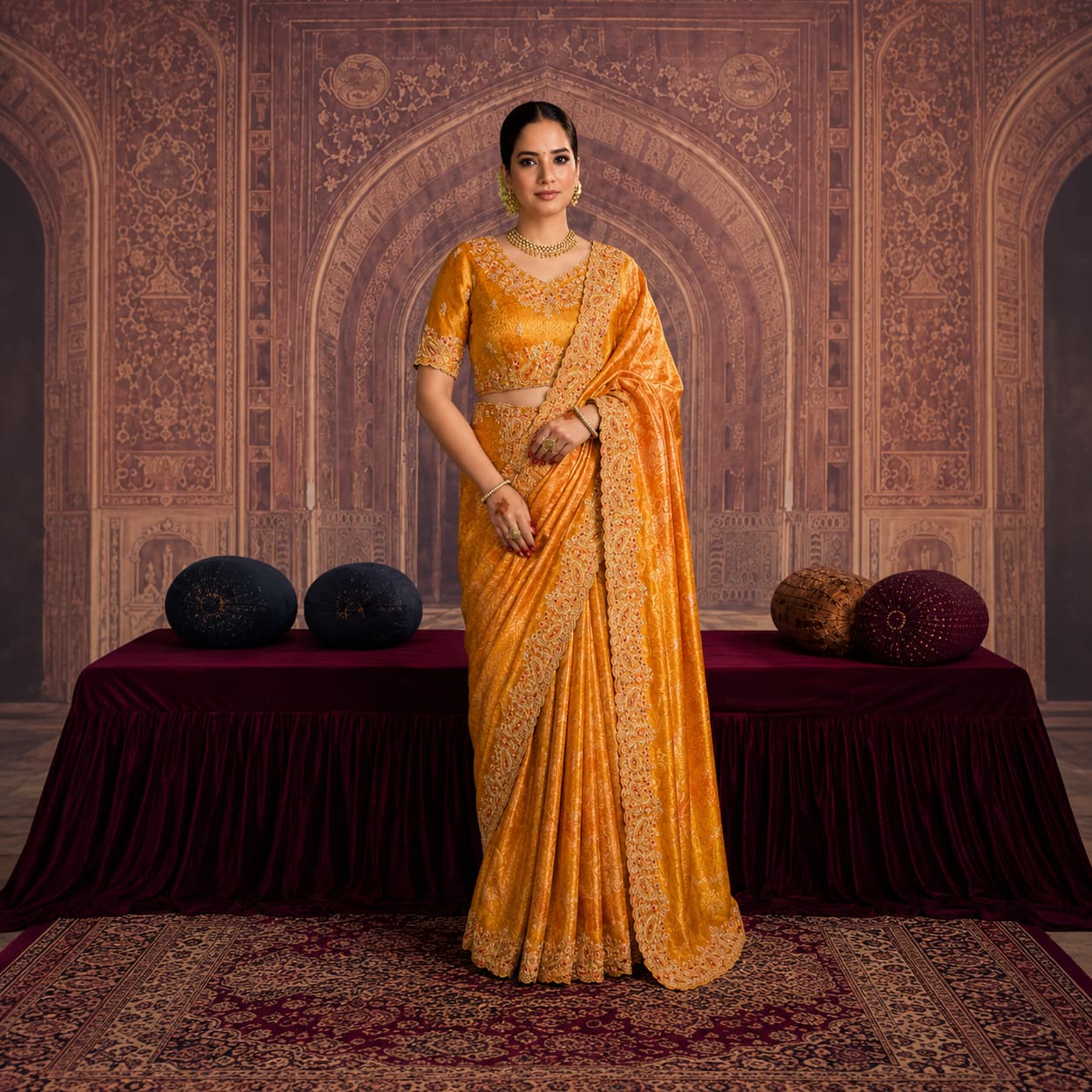 Mustard Kanjivaram Pure Zari Silk Saree with Meena zari and handwork embroidery