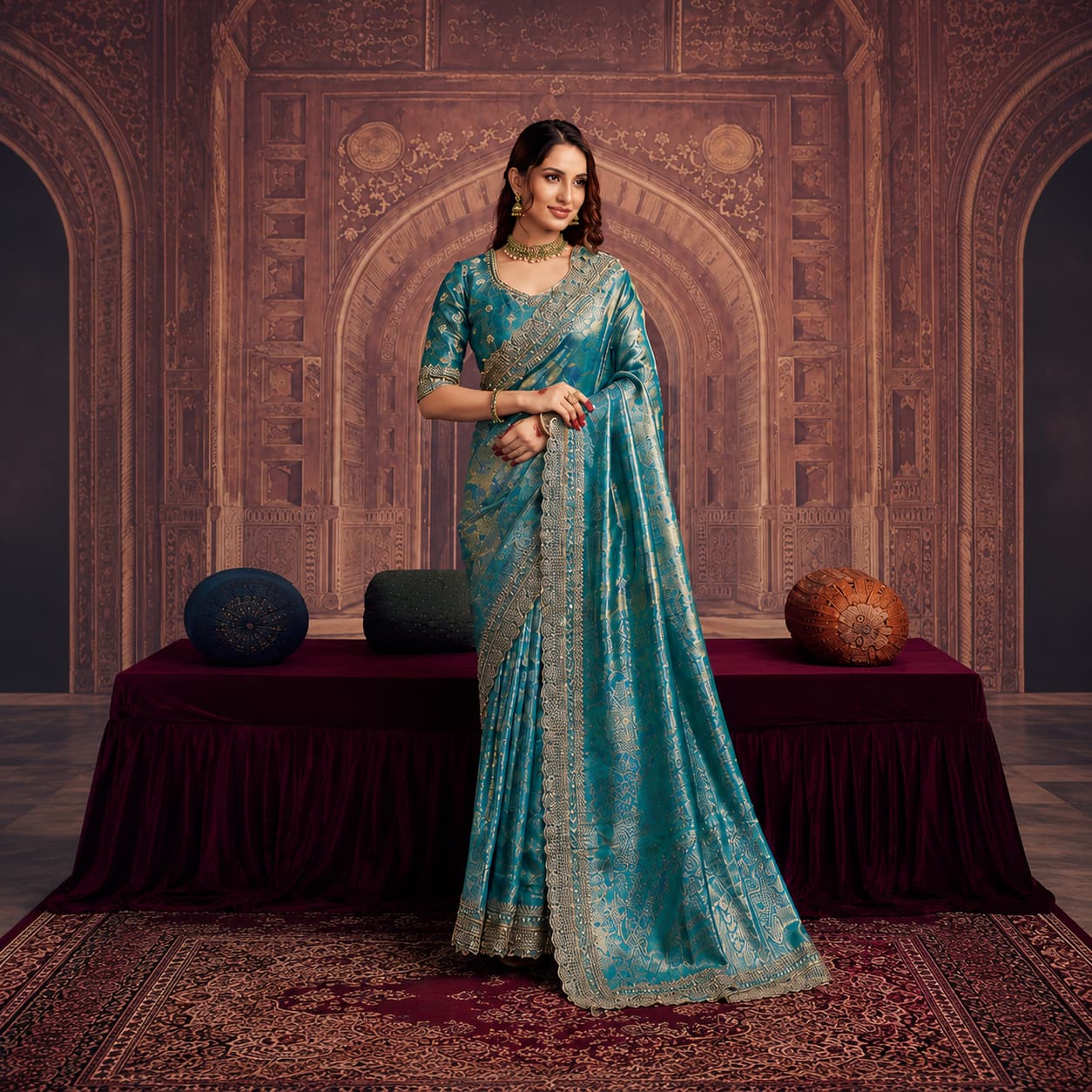Aqua blue Kanjivaram Pure Zari Silk Saree with luxurious handwork detailing