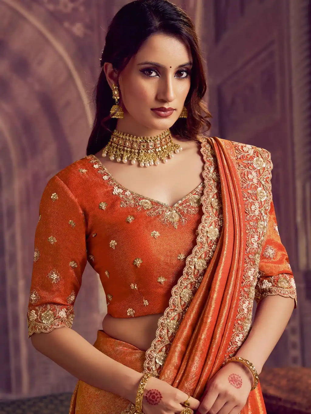 Rust Orange Kanjivaram Pure Zari Silk Dual Sequin & Pearl Handwork Saree - View 2