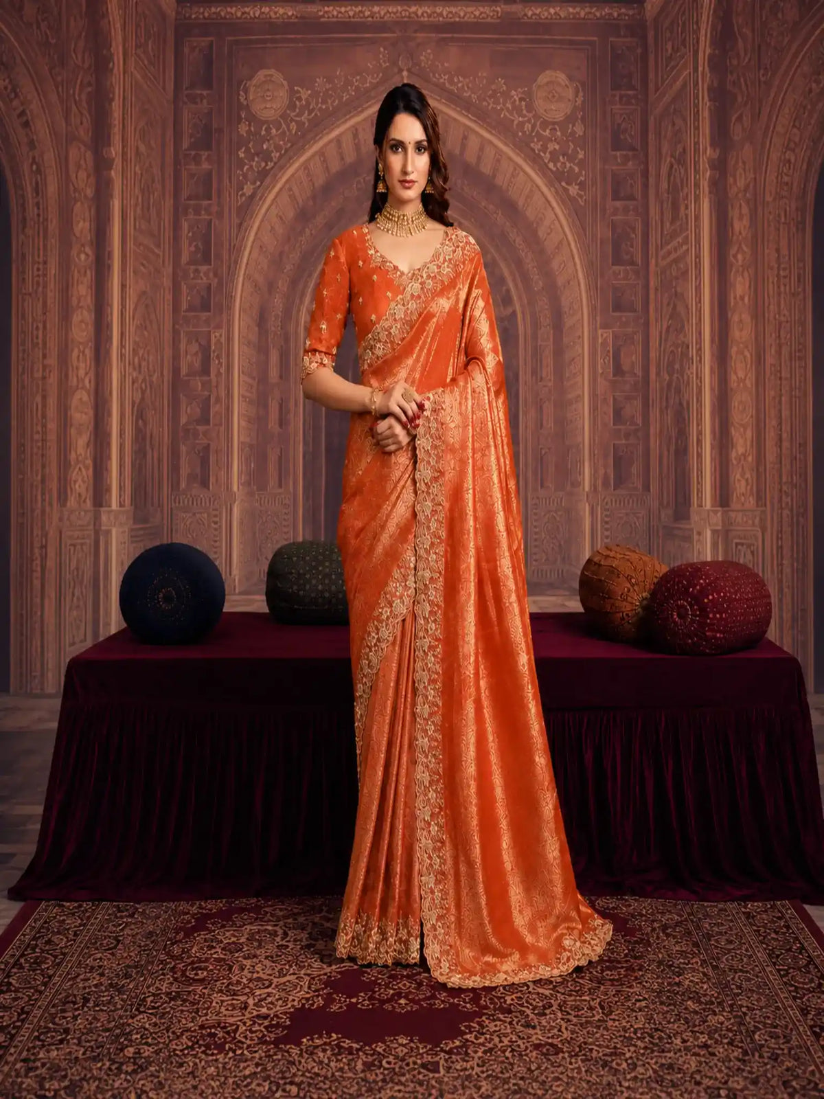 Rust Orange Kanjivaram Pure Zari Silk Dual Sequin & Pearl Handwork Saree - View 1