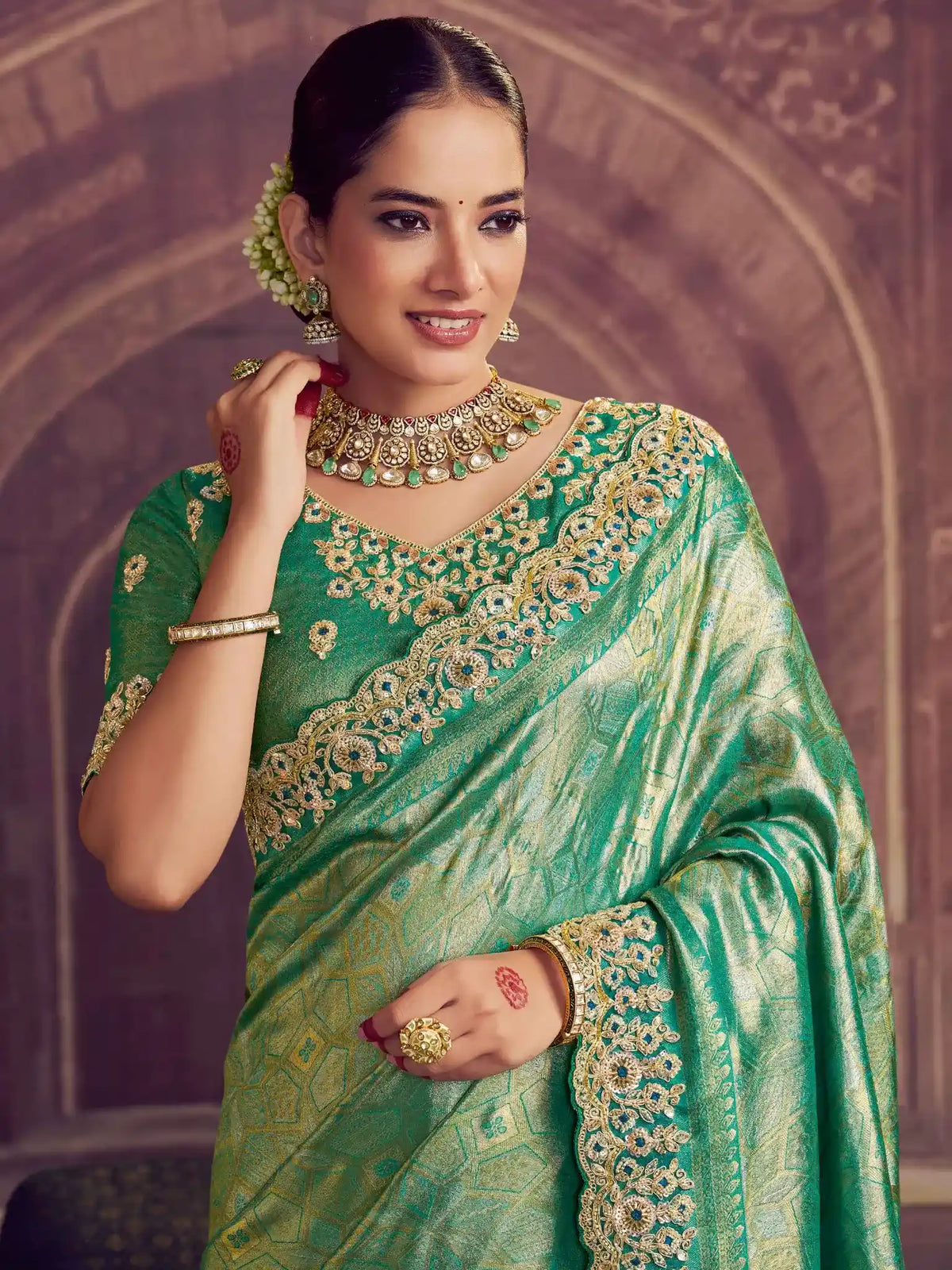 Pistachio Green Kanjivaram Pure Zari Silk Dual Sequin & Beads Embroidery Saree - View 2