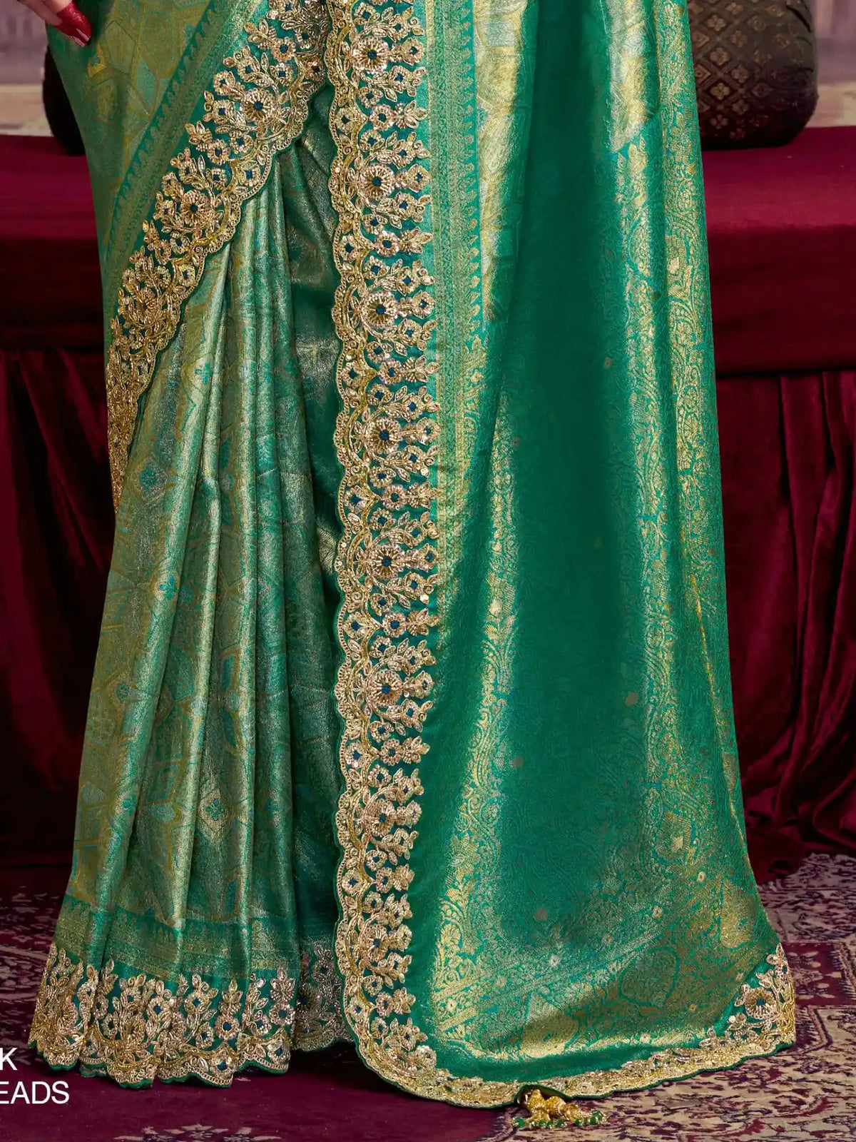 Pistachio Green Kanjivaram Pure Zari Silk Dual Sequin & Beads Embroidery Saree - View 3
