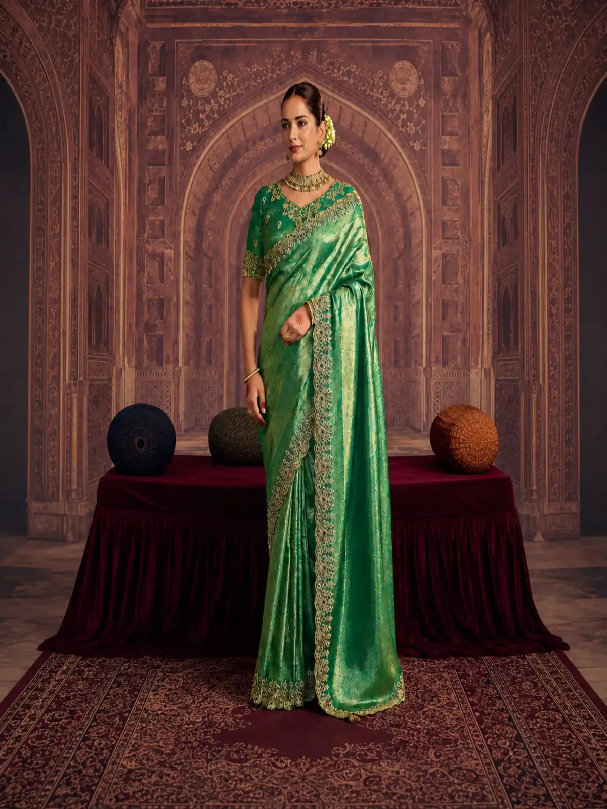 Pistachio Green Kanjivaram Pure Zari Silk Dual Sequin & Beads Embroidery Saree - View 1