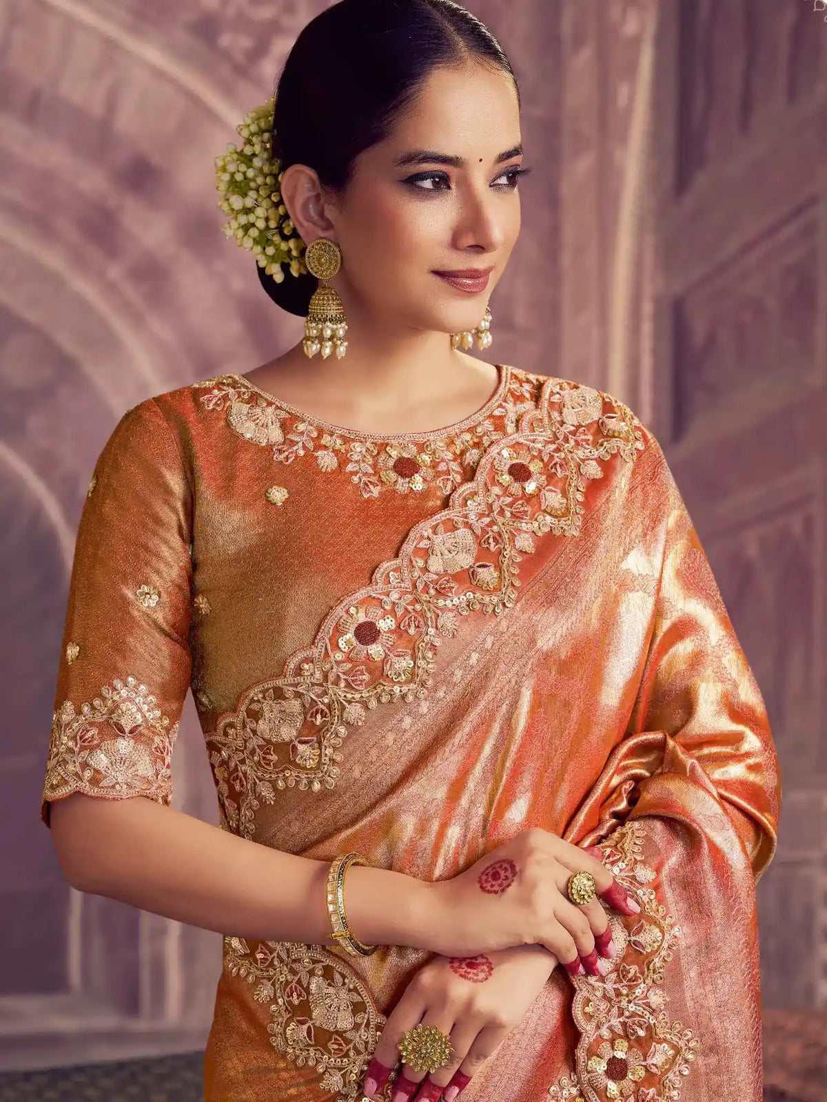 Rose Gold Kanjivaram Pure Zari Silk Beads & Sequin Embroidery Saree - View 2