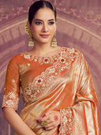 Rose Gold Kanjivaram Pure Zari Silk Beads & Sequin Embroidery Saree - View 3