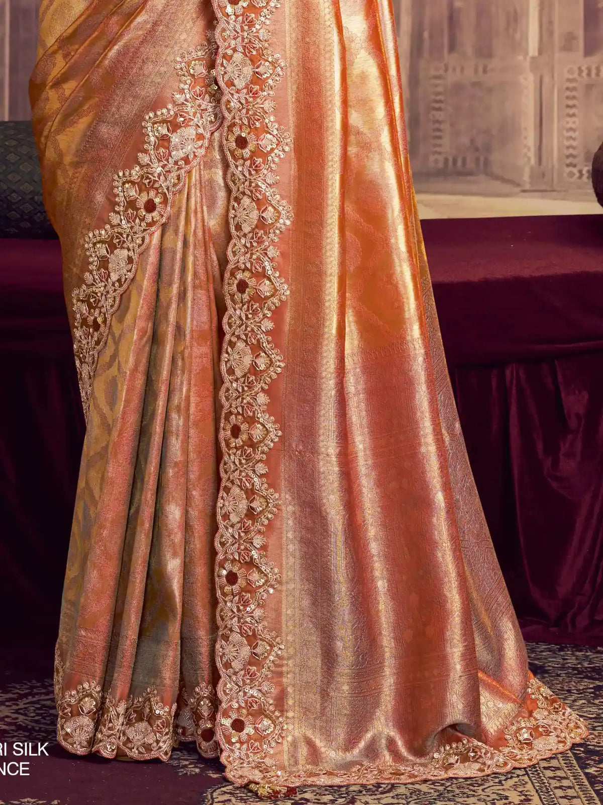 Rose Gold Kanjivaram Pure Zari Silk Beads & Sequin Embroidery Saree - View 4