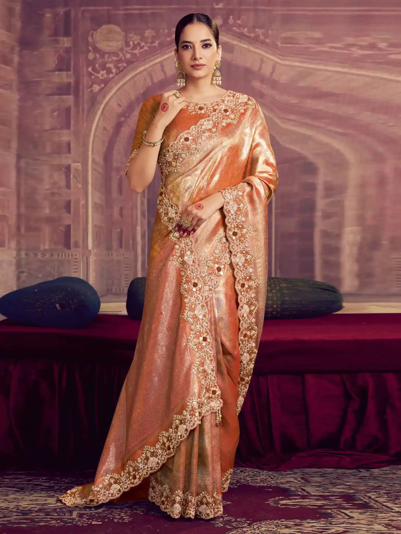 Rose Gold Kanjivaram Pure Zari Silk Beads & Sequin Embroidery Saree - View 5