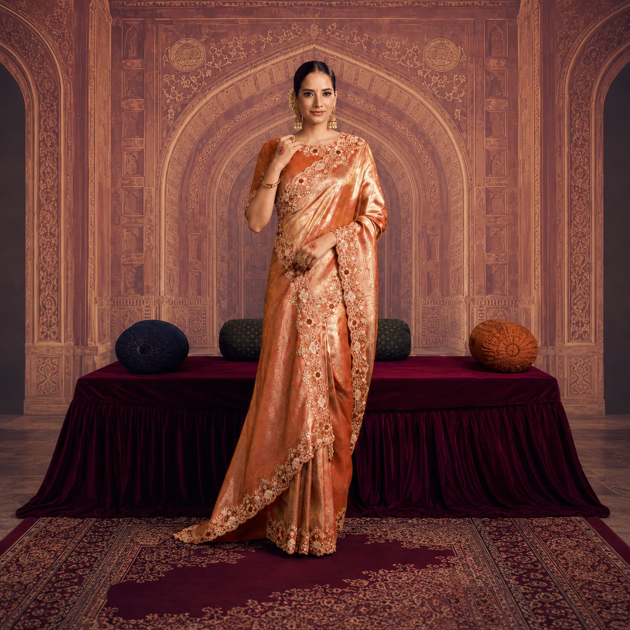 Rose gold Kanjivaram Pure Zari Silk Saree with intricate embroidered border
