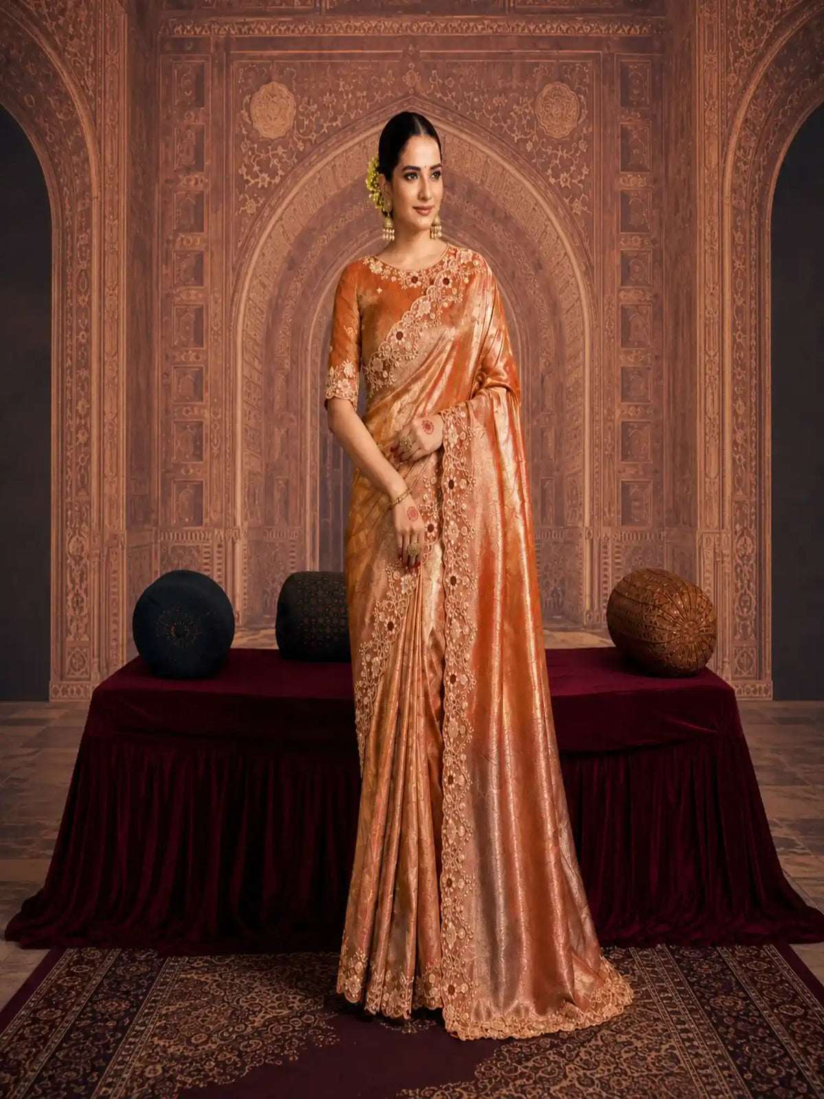 Rose Gold Kanjivaram Pure Zari Silk Beads & Sequin Embroidery Saree - View 1