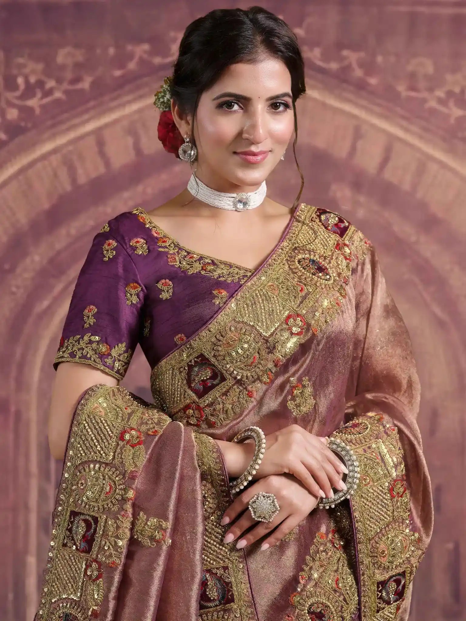 Mauve Pure Georgette, Zari Organza Silk Khatli & Sequin Work Saree - View 2