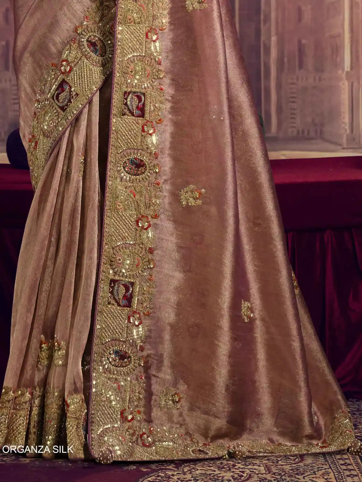 Mauve Pure Georgette, Zari Organza Silk Khatli & Sequin Work Saree - View 3