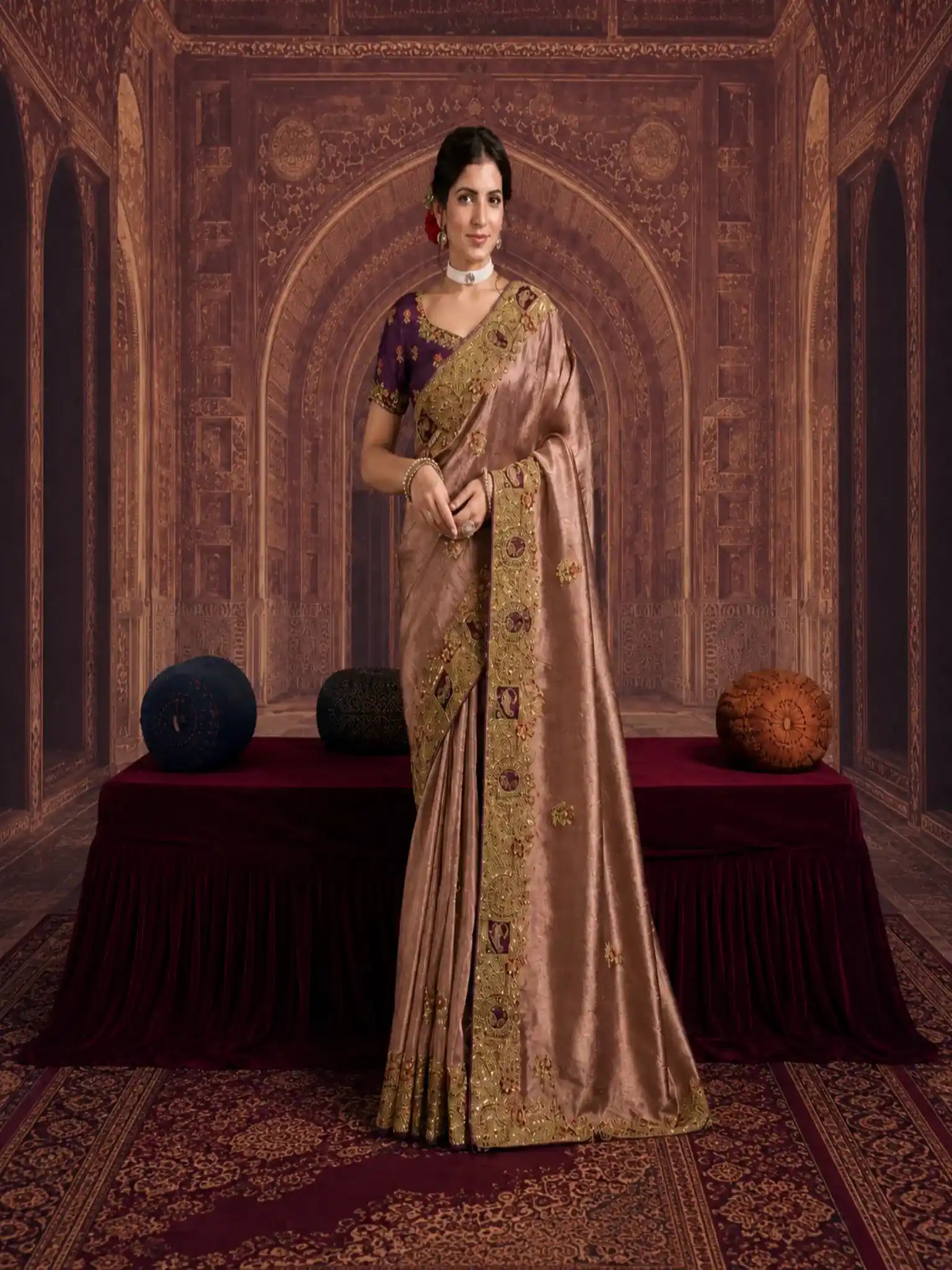 Mauve Pure Georgette, Zari Organza Silk Khatli & Sequin Work Saree - View 1