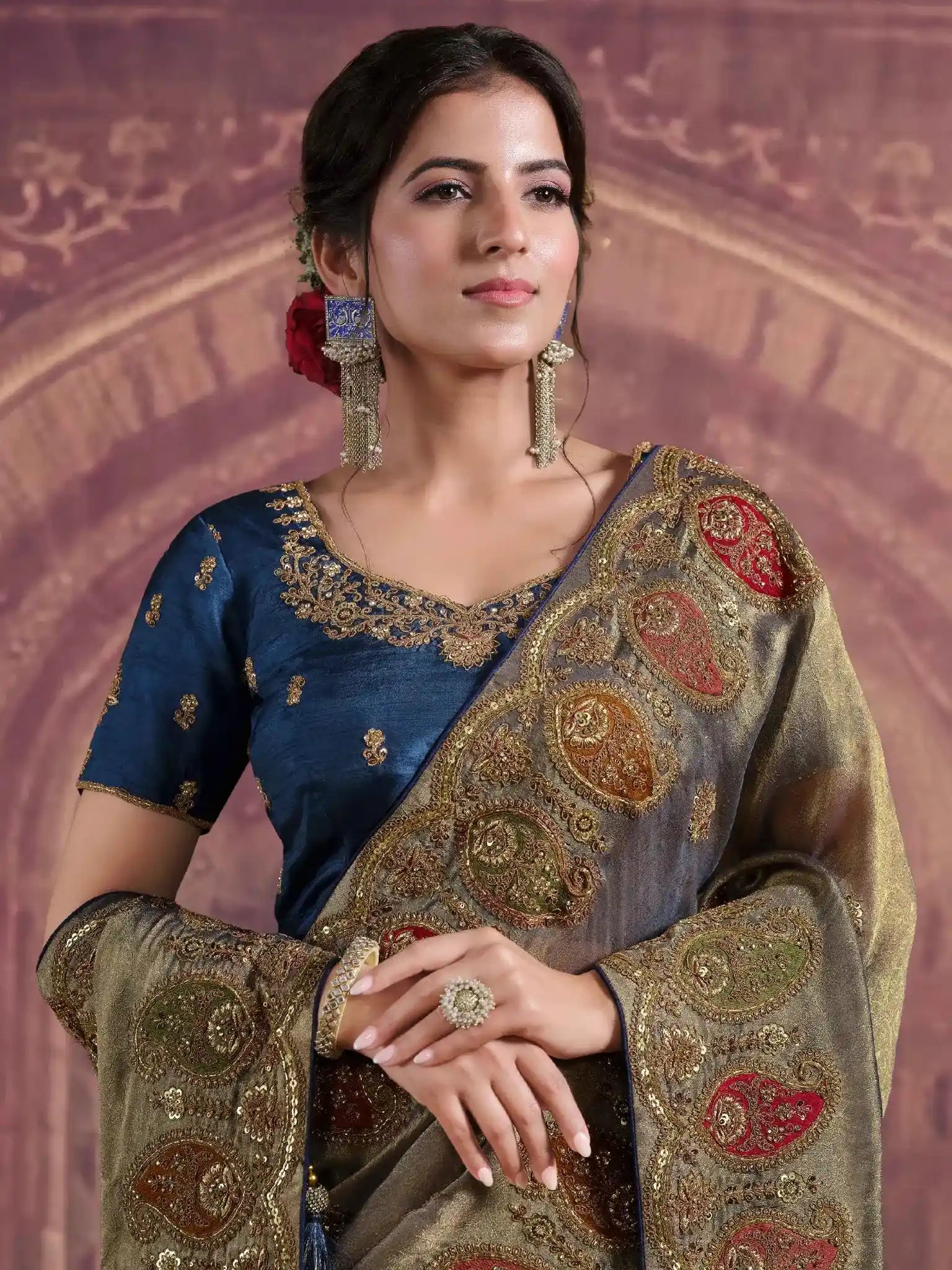 Olive Green Pure Georgette, Zari Organza Silk Khatli & Sequin Work Saree - View 2