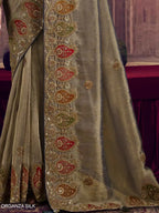 Olive Green Pure Georgette, Zari Organza Silk Khatli & Sequin Work Saree - View 3