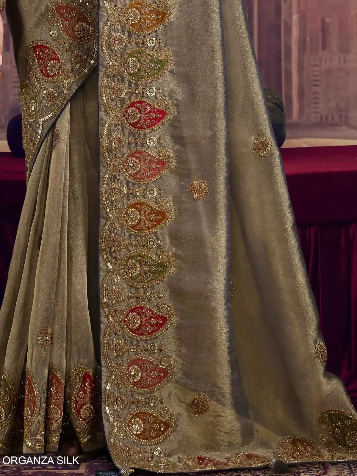 Olive Green Pure Georgette, Zari Organza Silk Khatli & Sequin Work Saree - View 3