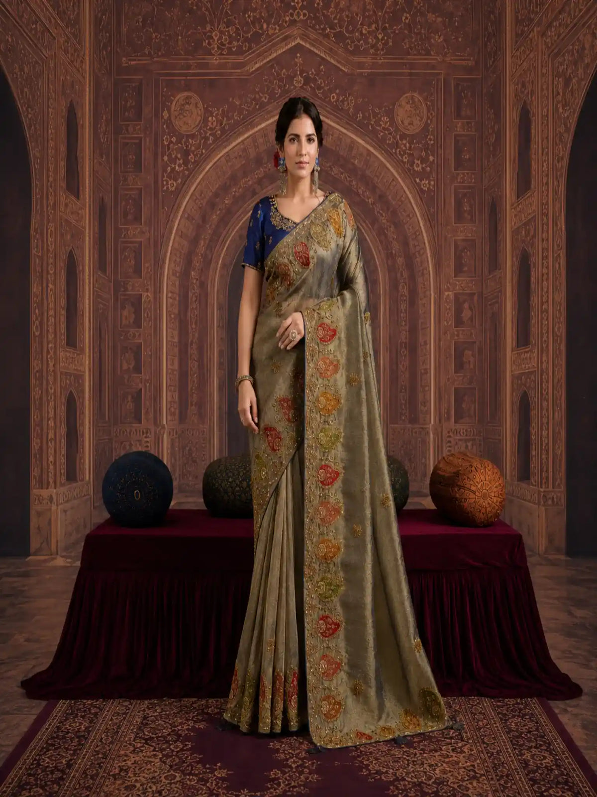 Olive Green Pure Georgette, Zari Organza Silk Khatli & Sequin Work Saree - View 1
