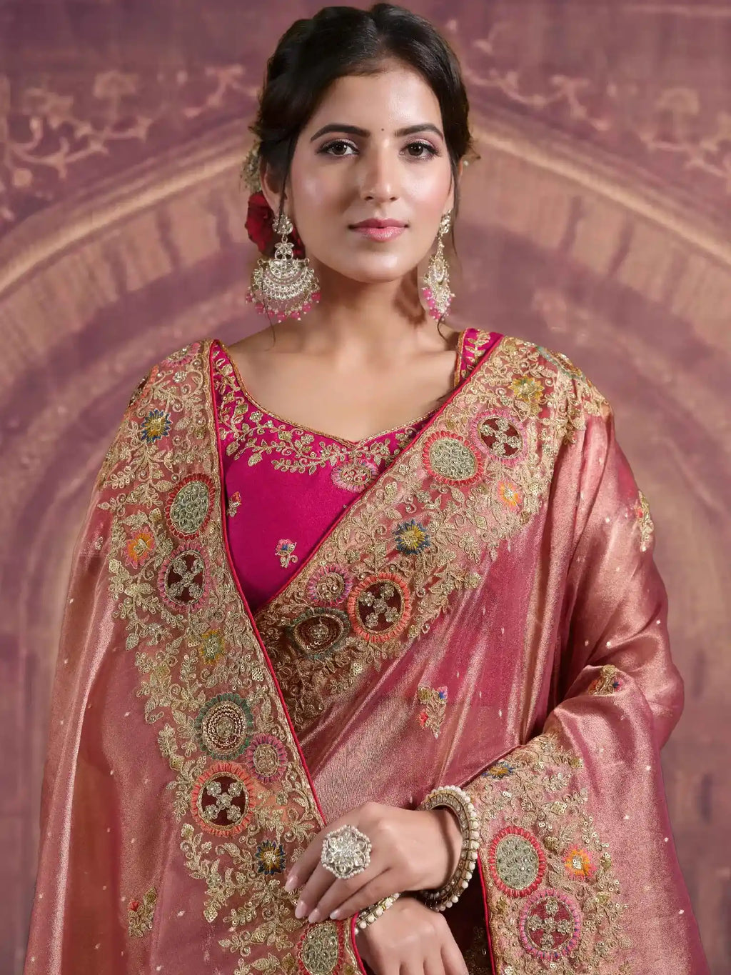 Dusty Pink Zari Organza Silk Khatli & Sequin Work Saree - View 2